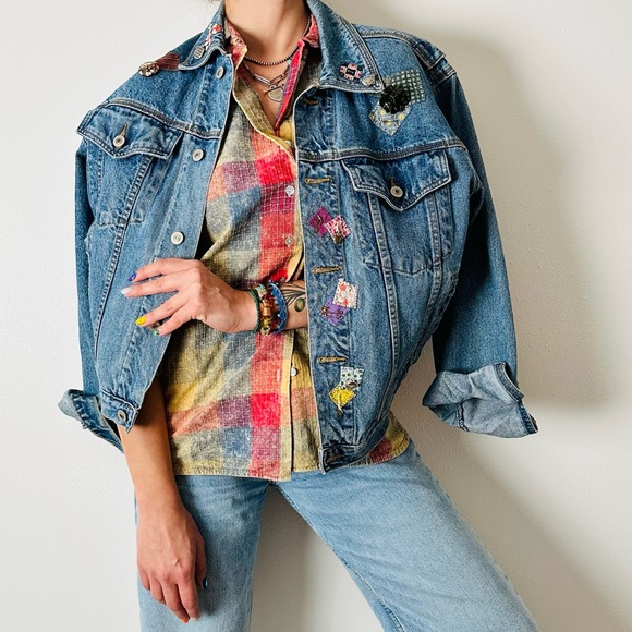 Vintage Industrial rags denim jacket with patches - Picture 1 of 10